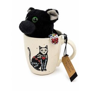Prima Design Sugar Skull Cat Mug With Black Plush Cat Gift Set Halloween 15 oz